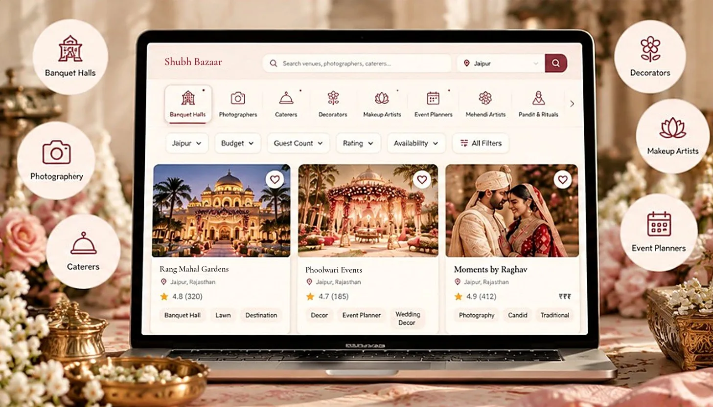 Sample wedding vendor listings: a venue, a decorator and a photographer, with ratings and categories