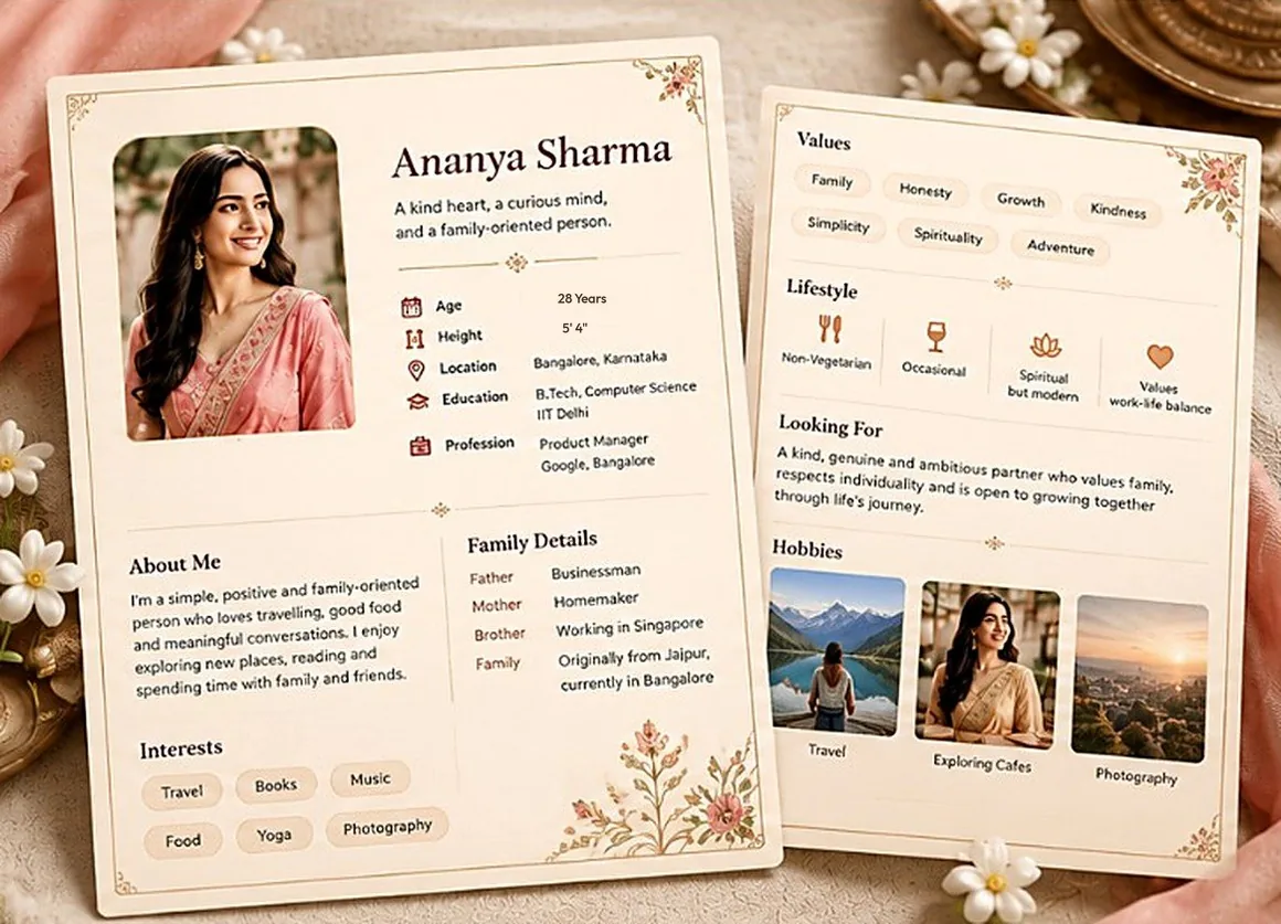 Two pages of a sample marriage biodata with a photo, education, family details and interests