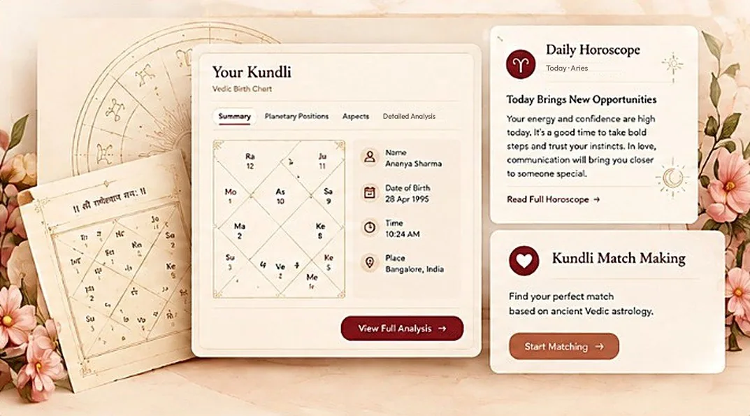 A sample birth chart summary with a daily horoscope card and a kundli matching card